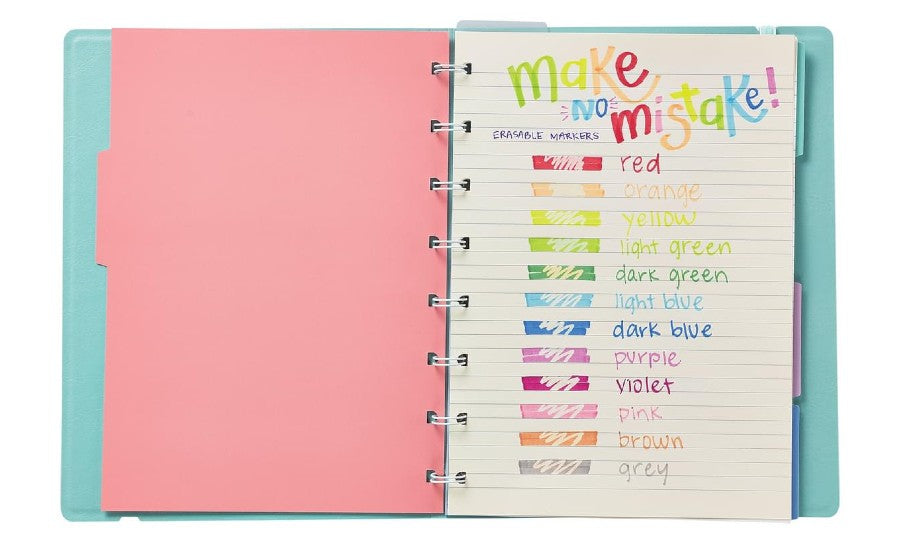 Notebook with colorful notes including make no mistake markers examples