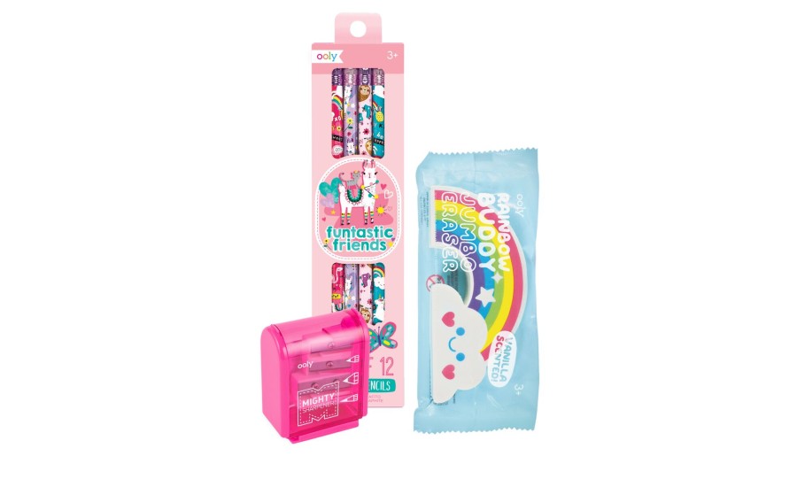 Unicorns Happy Pack which includes pencil sharpener, funtastic pencils, and rainbow buddy jump erasers
