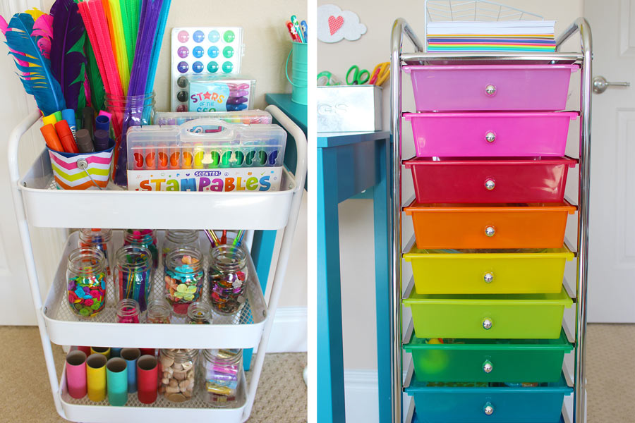 Orginize your art and craft space with rainbow drawers and a rolling cart