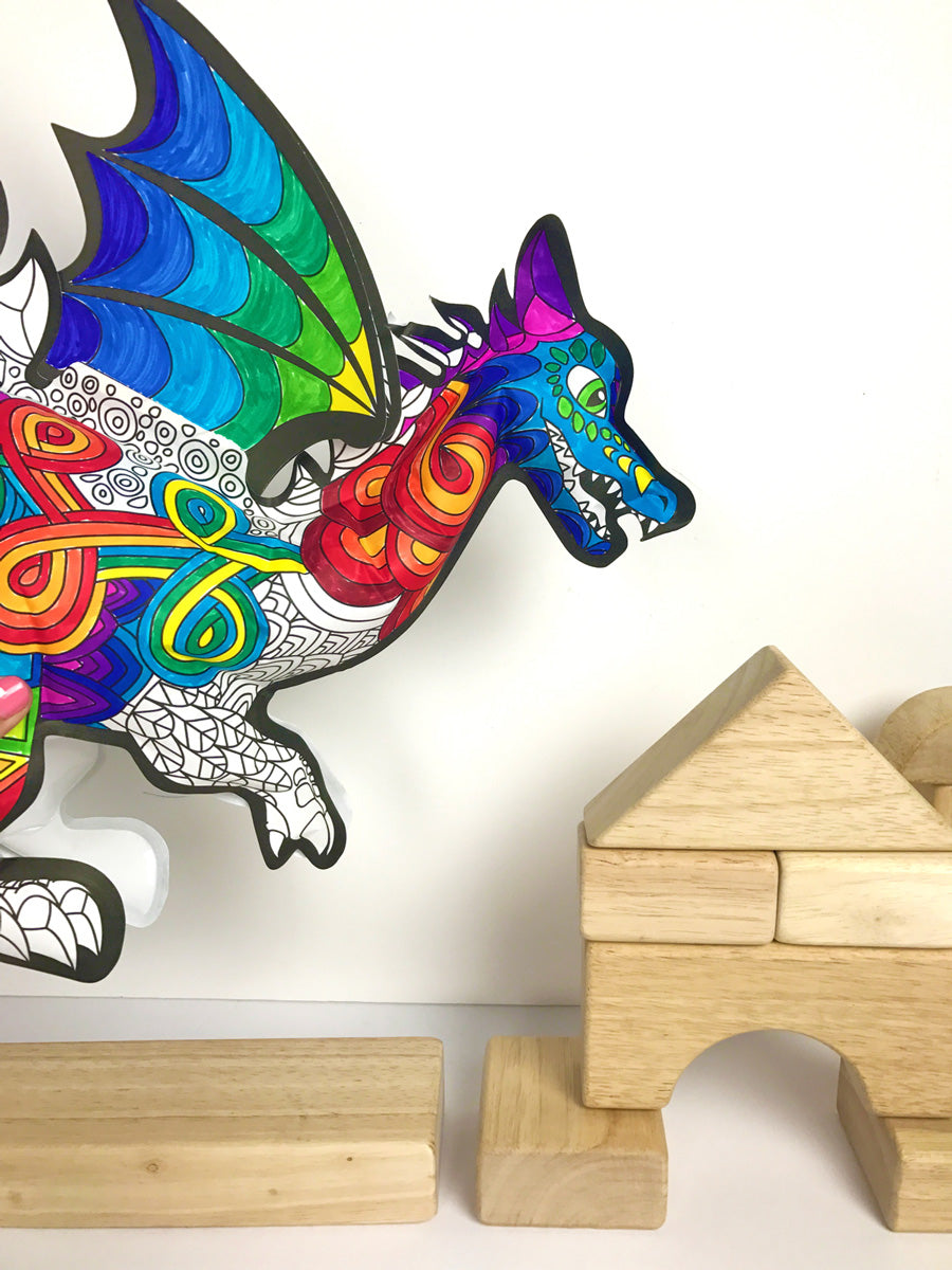 3D Colorables Fantastic Dragon attacking wood block castle