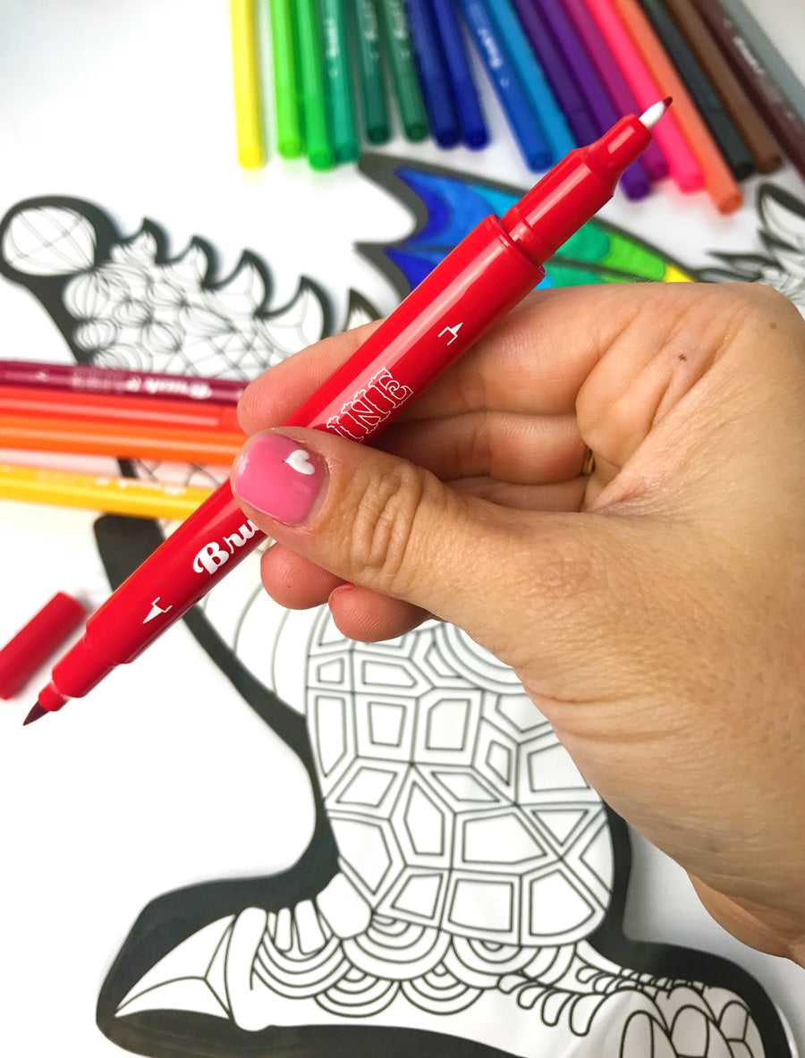 Brush and Line double ended markers feature a felt brush tip at one end, and a fine point tip on the other.
