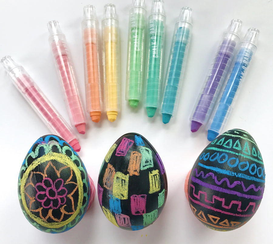 Easter eggs painted with black acrylic paint and Chalk-O-Rama chalk crayons