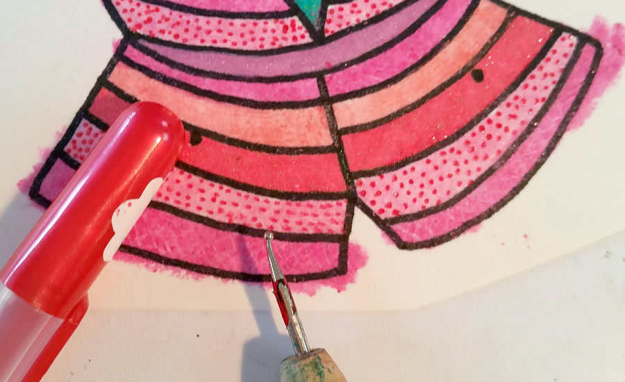 Colored paper doll craft with Yummy Yummy Gel Pen and an awl for texture