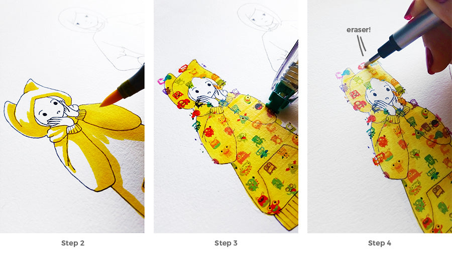Steps 2 through 4 of coloring, applying and cutting out decorative tape