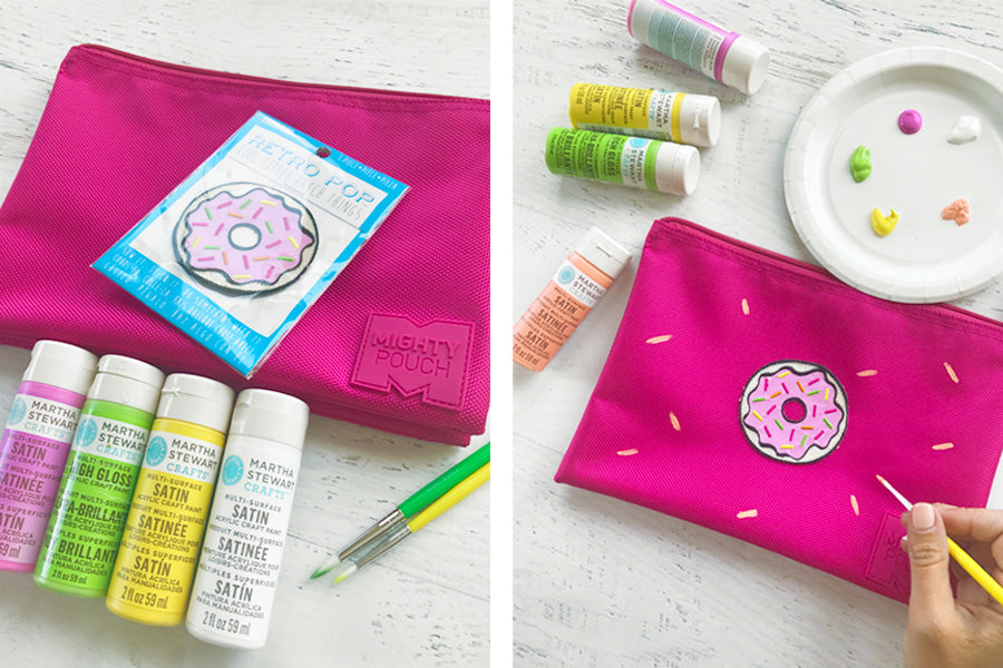 Customizing a Mighty Pencil Pouch with donut patch and acrylic paint