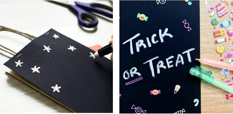 Black trick or treat bag with Mystery Metallics gel crayon and pastel gel pen art