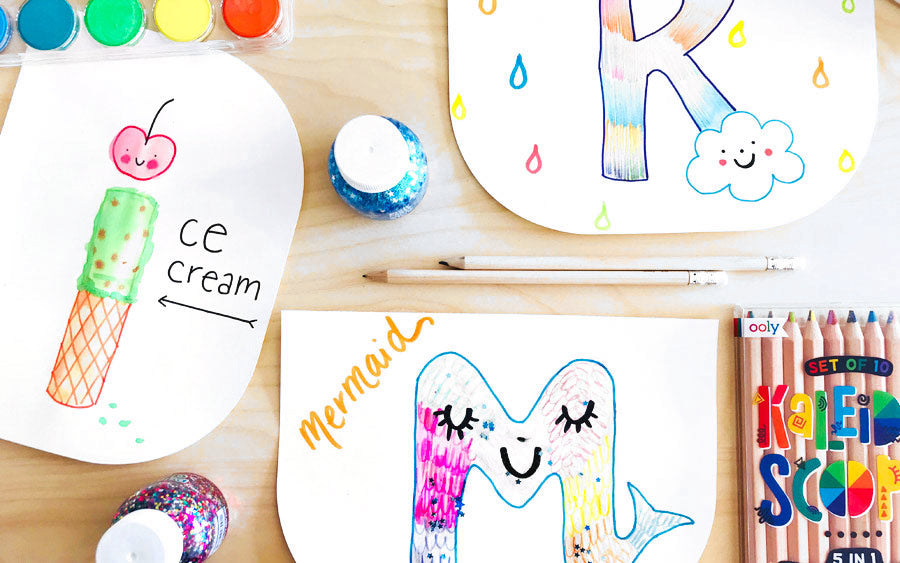 Ice cream, rain and mermaid letter art for kids in OOLY sketchbooks