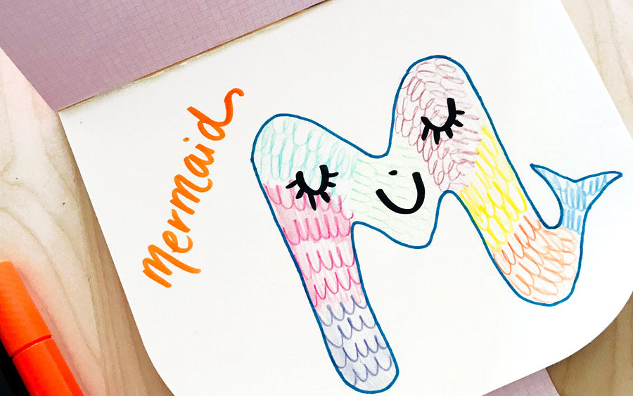 Mermaid letter art for kids colored with OOLY Big Bright Brush Markers