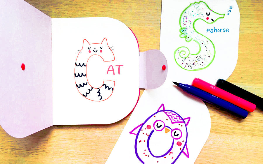Cat, seahorse and owl letter art for kids in sketchbooks