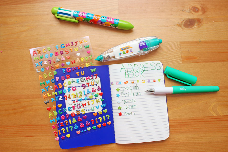 Kids journal address book in a pocket notebook and monster pen