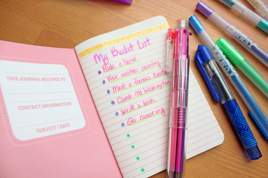 Kids journal bucket list in a pocket notebook with OOLY pens