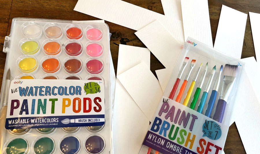 OOLY watercolor paint pods and paint brushes with watercolor paper
