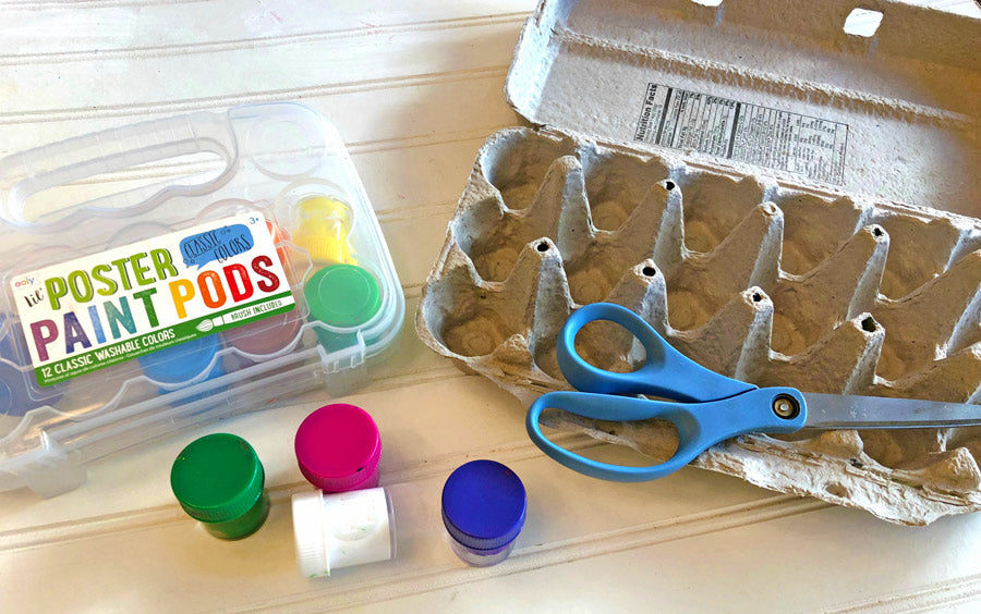 Poster paints egg carton and scissors; supplies needed for DIY Easter basket