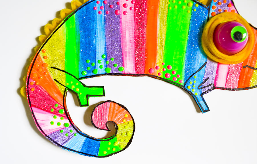 Finished, colored chameleon with dot paint for printable coloring craft