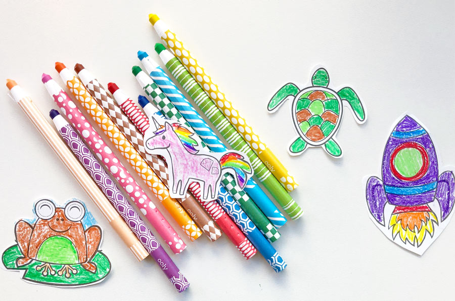Colored OOLY coloring book characters with Color Appeel crayons