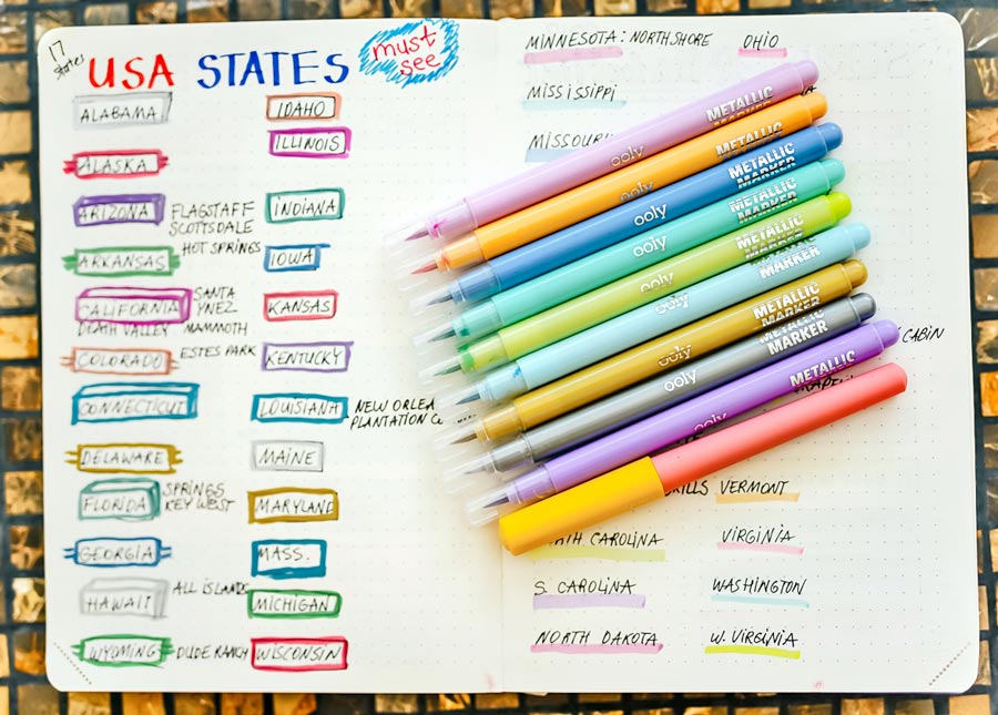 United States bucket list in journal made with OOLY Color Lustre metallic brush markers