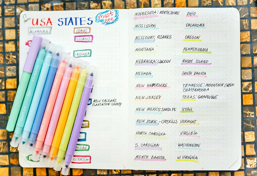 United States bucket list made with OOLY Pastel Liners highlighters