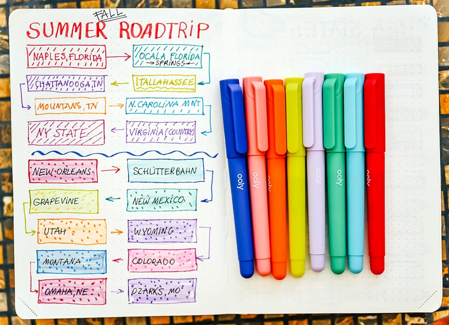 Summer road trip list made made with OOLY Color Write fountain pens