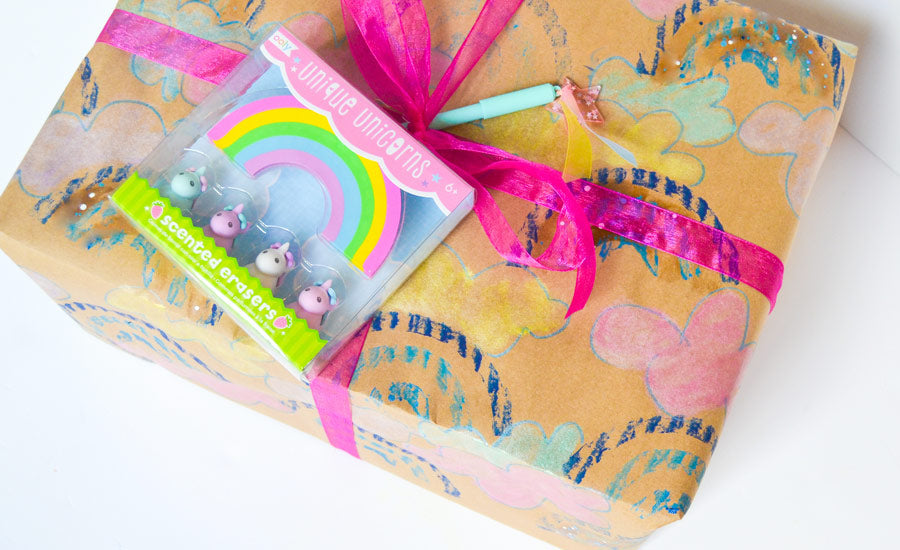 DIY Gift Wrap present with unicorn eraser present toppers.