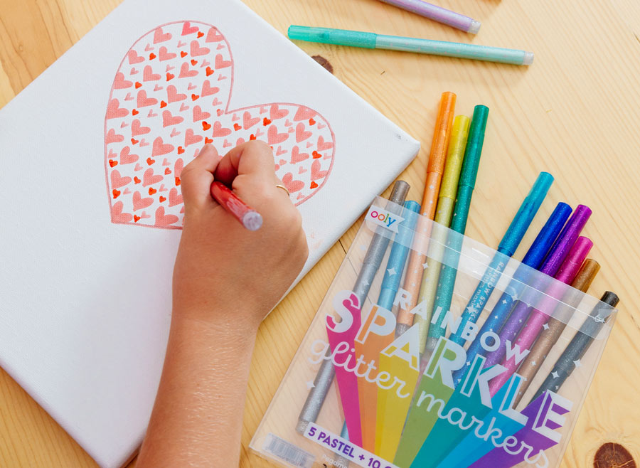 Coloring with OOLY Rainbow Sparkle Glitter Markers for the Valentine's Day Craft