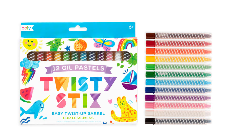 OOLY Twisty Stick Oil Pastels in packaging and lined up rainbow order.