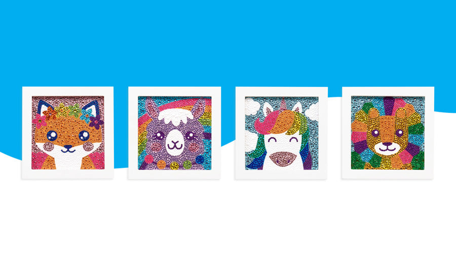 Fox, llama, unicorn, and lion gem art in white frames