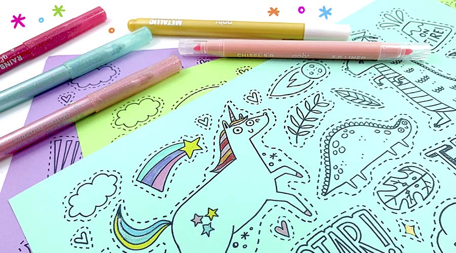 markers and printables on a colorful background