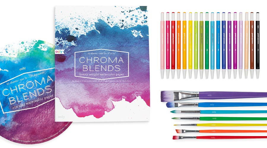 chroma blends mechanical watercolor pencils and watercolor paper on white background