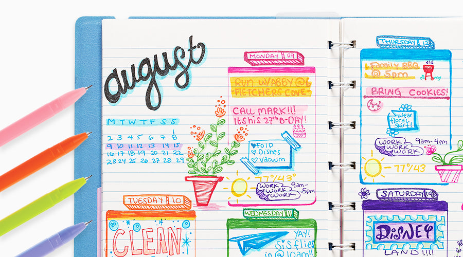 colorful journal pages for the month of august with colorful pens on white background