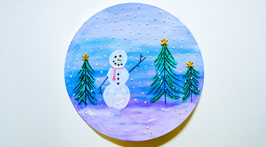 snowman and trees on blue and purple background