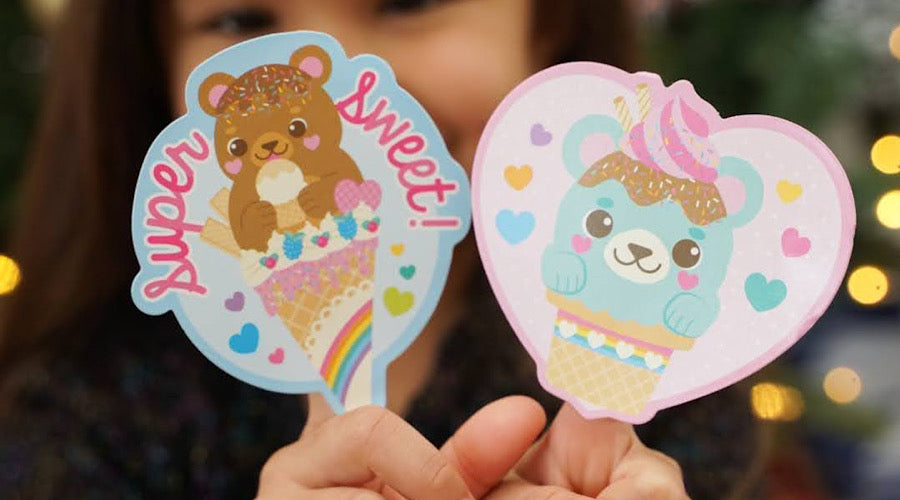 bear stickers in front of smiling girl