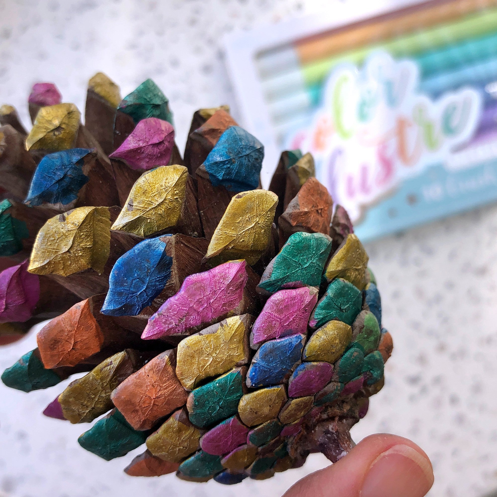Colored pinecone with color lustre metallic brush markers on table in the background