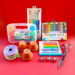Arts & crafts supplies such as scissors, bells, markers, pots, paint pods, ribbons, on a red background