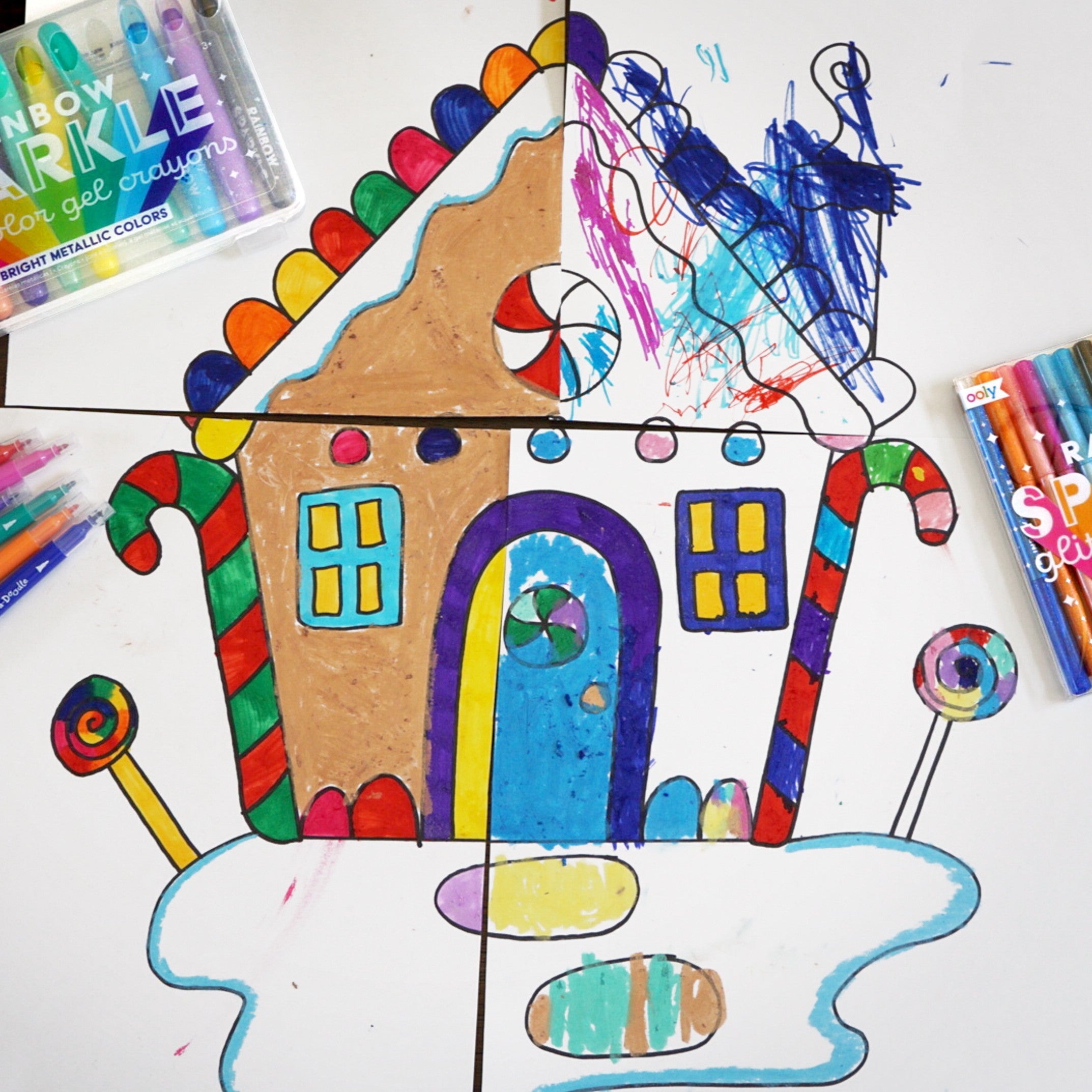Colorful gingerbread house on white paper and cut into 4 pieces