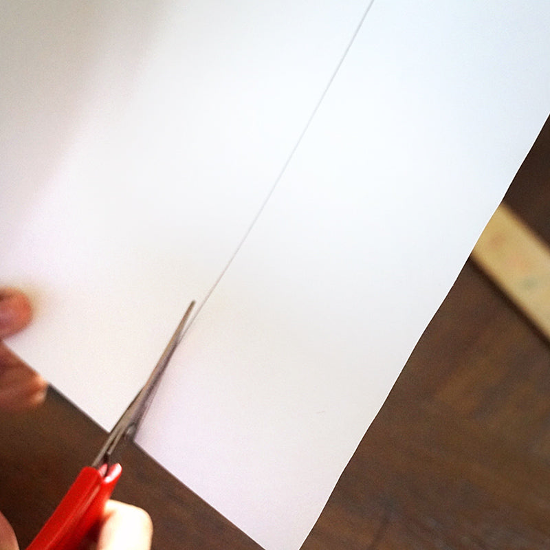 Hand using scissors to cut along a line on white paper