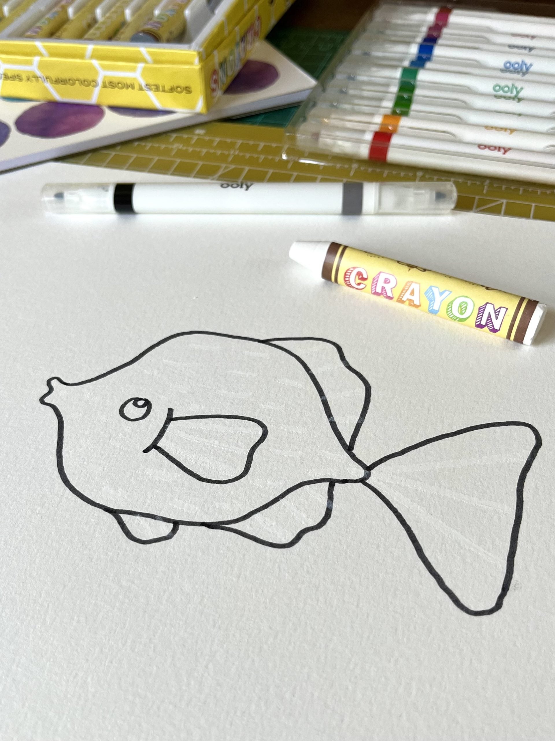 Outline of fish with crayons, markers, and paints