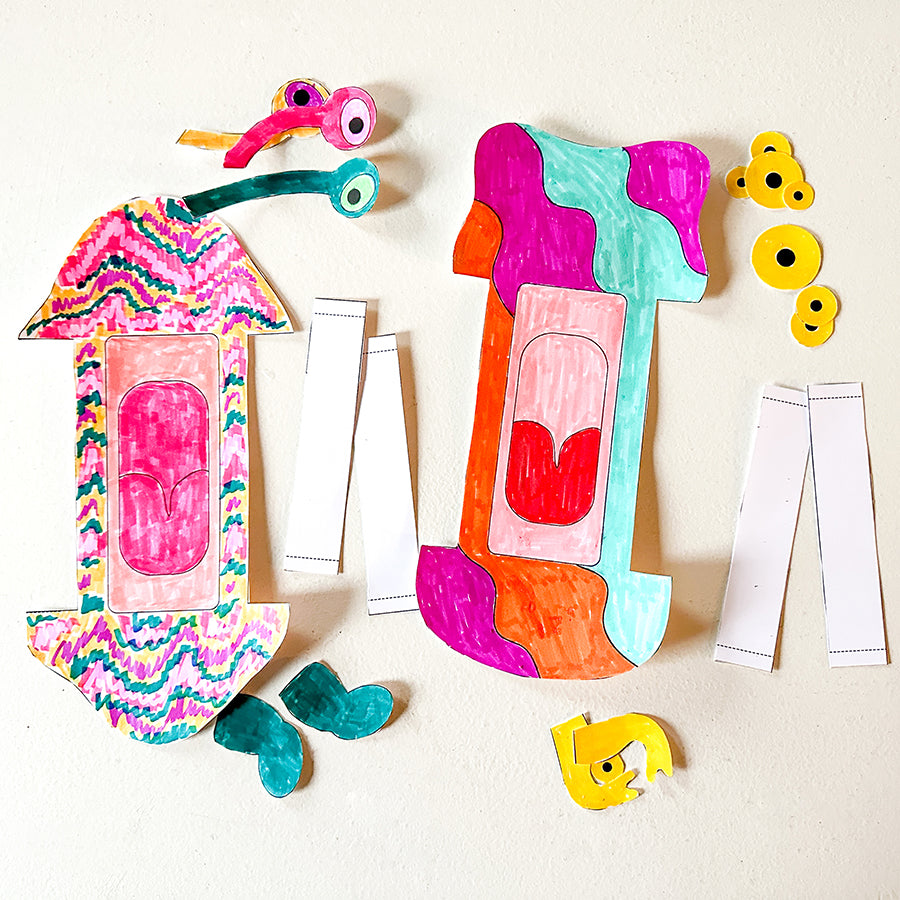 Cut out colorful shapes of paper with eyes, legs, and handles