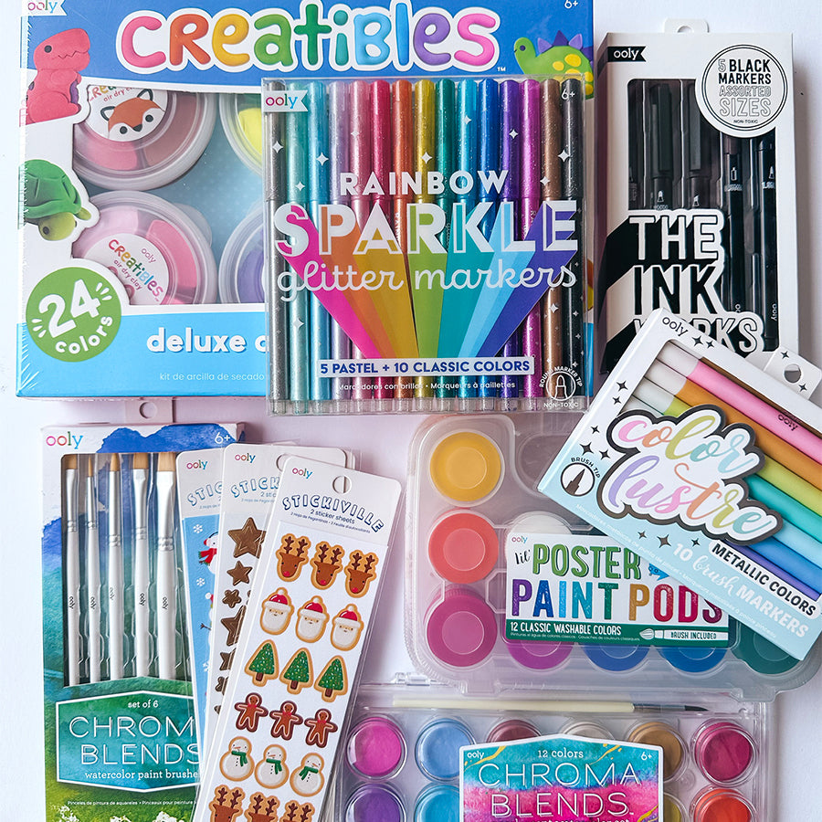 ooly creatibles, rainbow sparkle glitter markers, black ink works markers, color lustre brush markers, chroma blends water color and paint brushes, stickiville stickers, and paint pods